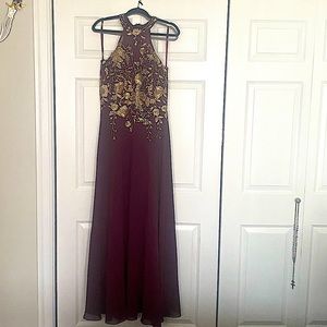 Long formal embroidered dress plum with gold accents sz 14 sleeveless prom dress